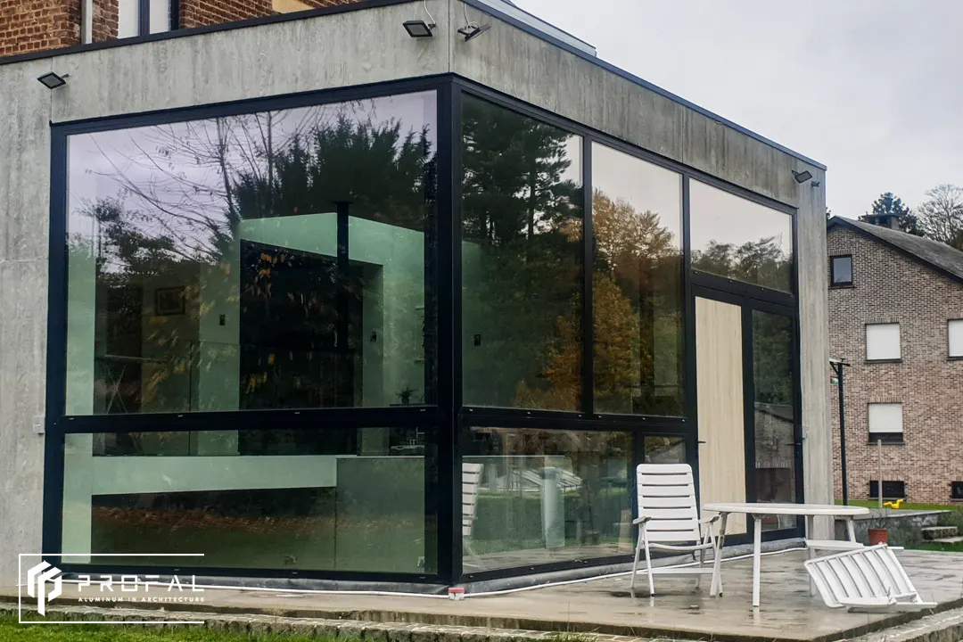 Minimalist, panoramic windows with a black frame