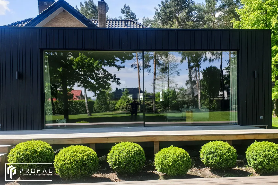 Minimalist, panoramic windows with a black frame