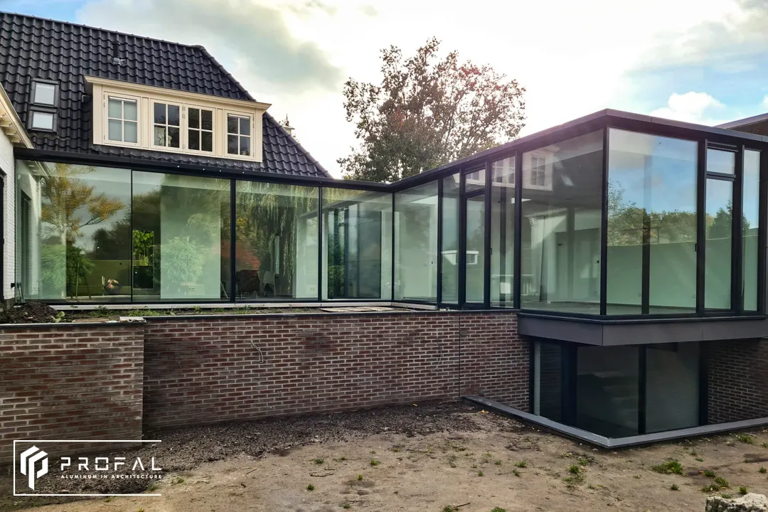 Minimalist, panoramic windows with a black frame