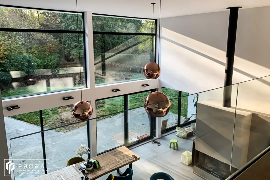 Minimalist, panoramic windows with a black frame