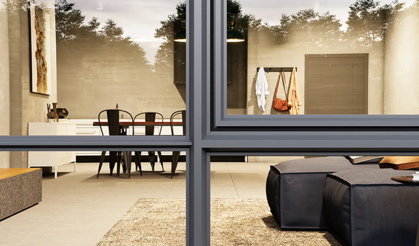 Minimalist, panoramic windows with a black frame