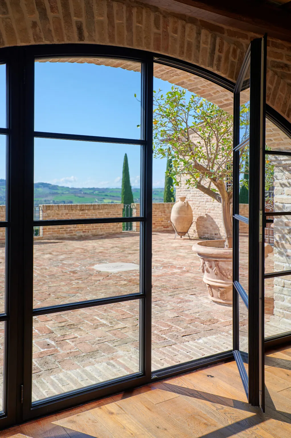 Minimalist, panoramic windows with a black frame