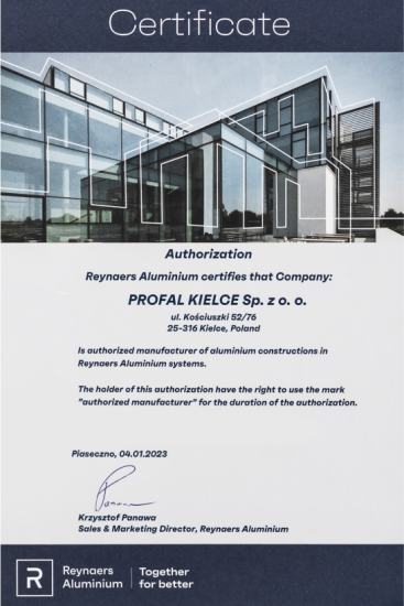 Certyfikaty Profal Reynaers Aluminium